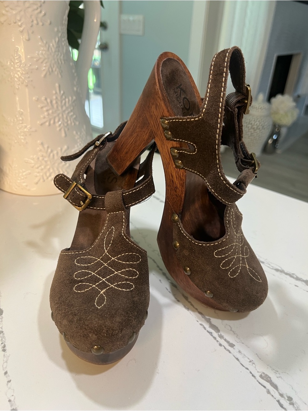 Michael Kors Brown Suede Wood-Platform Clog Heels size 7.5